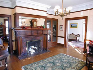 Mercer Tile Fireplace in the library of York Street House Bed and Breakfast, in-town accomodations in Lambertville, NJ